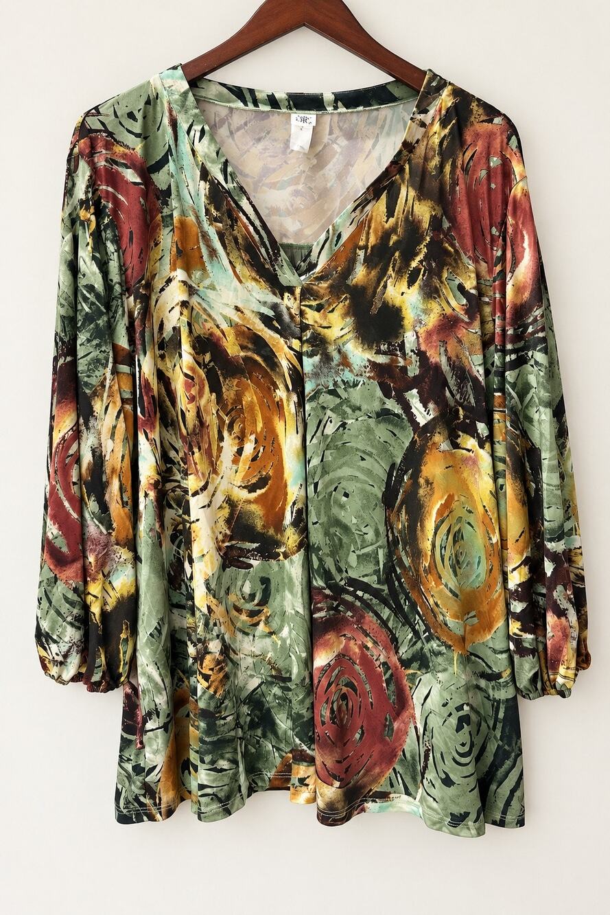 Sew In Love Blouse Womens XL Floral V Neck Long Sleeve Boho Flowy Top Green NWOT